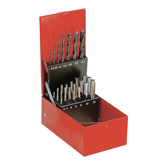 Tap and drill-bit sets, 21 taps 7 drill bits set 3 taps each from M3 to M12