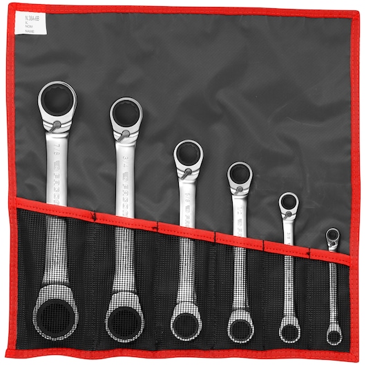 15° double box-end ratchet wrench set, 6 pieces (1/4" to 15/16"), pouch