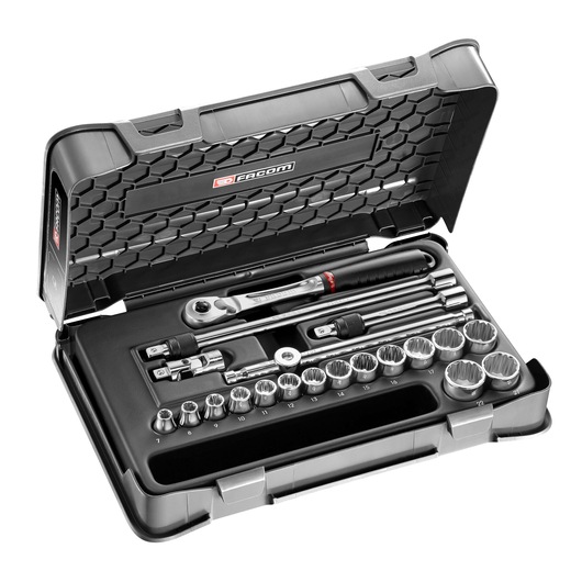 3/8" socket set, 20 pieces, MBOX, pear-head ratchet with Push-Lock System