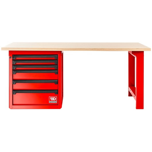front view red workbench with wood worktop RWS2